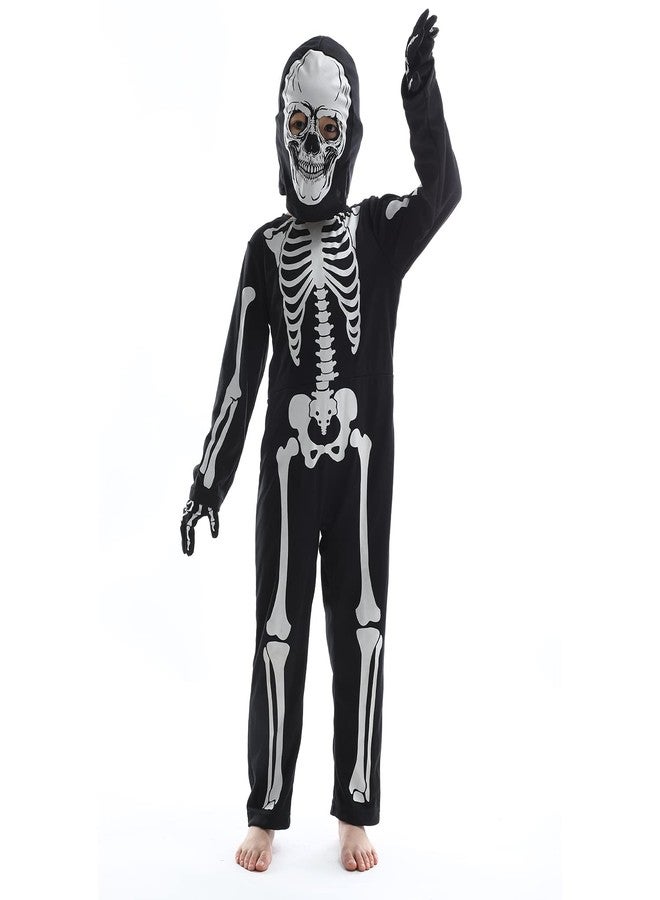 Leadtex Kids GID Skeleton Halloween Costume, All in One Skeleton Printed Jumpsuit with Hood and Gloves（7-9years - Image 3